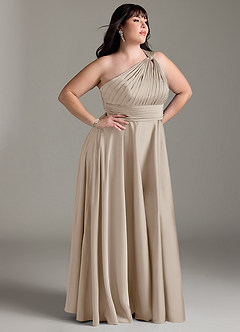 Azazie Charlize Robes de demoiselle d'honneur Robe Trapèze en Satin extensible Ue épaule Givre image12