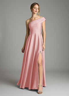 Azazie Melanie Robes de demoiselle d'honneur Robe Trapèze en Satin extensible Épaule décolletée Rose Poudré image3