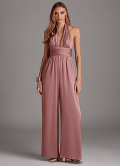 Azazie Oli Jurken voor bruidsmeisjes Jumpsuit van Stretch Satijn Geplooid Stoffige Roos image3