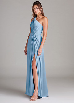 Azazie Brooke Bridesmaid Dresses Powder Blue A-Line One Shoulder Stretch Satin Dress image6
