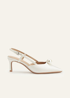 Satin Pearl Pointed Toe Kitten Heel