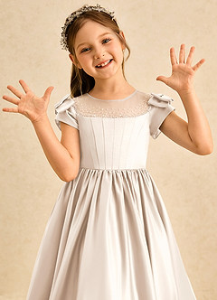 Azazie Toffee Flower Girl Dresses White Alabaster Ball-Gown Bow Matte Satin Dress image6