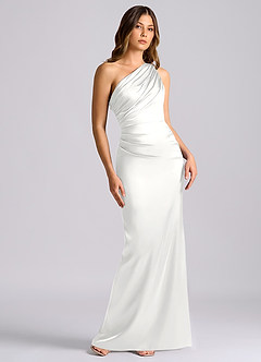Azazie Akilah Vestidos de damas de honor Vestido de Blanco de Satén Elástico de Corte Sirena con Hombro unilateral image1