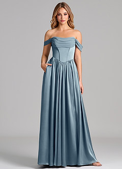 Azazie Raisa Bridesmaid Dresses Dusty Blue A-Line Off the Shoulder Stretch Satin Dress image1