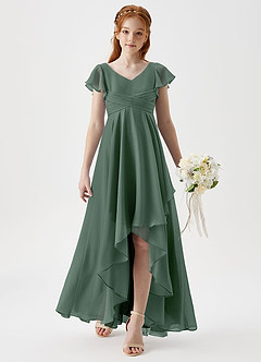 Azazie Caria Junior Eucalyptus A-Line Pleated Chiffon Dress image3
