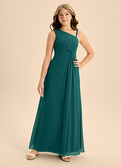 Azazie Brooke Junior Abito A-Line in Chiffon Spacco Laterale Verde Pavone image4