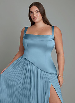 Azazie Stephanie Bridesmaid Dresses Steel Blue A-Line Pleated Stretch Satin Dress image9