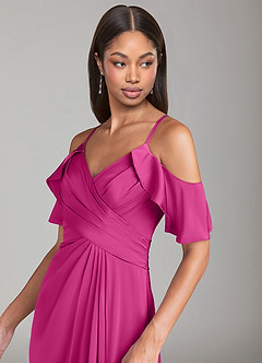 Azazie Dakota Bridesmaid Dresses Fuchsia A-Line Off the Shoulder Stretch Satin Dress image5