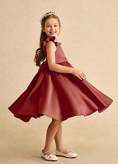 Azazie Dumpling Flower Girl Dresses Terracotta A-Line Bow Matte Satin Dress image5