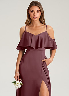 Azazie Jean Bridesmaid Dresses Sangria A-Line Off the Shoulder Stretch Satin Dress image6