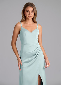 Azazie Leo Final Sale Mist Sheath Pleated Stretch Satin Dress image3