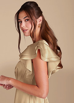 Azazie Daphne Modest Bridesmaid Dresses A-Line Ruched Metallic Satin Floor-Length Dress image5
