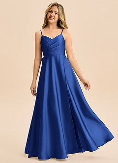 Azazie Rumi Junior A-Line Plisseret Stræk satin Gulv-længde Junior brudepige Kjole image1