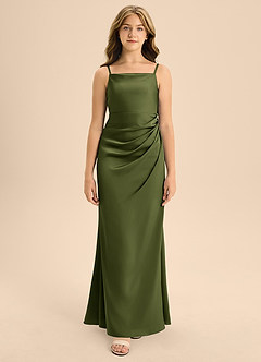 Azazie Renna Junior Olive A-Line Pleated Stretch Satin Dress image6