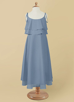 Azazie Temi Robe Demoiselle D'honneur Fillette Robe Trapèze en Mousseline de soie Bretelle Spaghetti Bleu Poussiéreux image10
