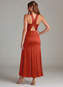 Azazie Rue 신부 들러리 드레스 인어 주름진 스트레치 새틴 발목 길이 드레스 image6