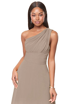Azazie Ashley Bridesmaid Dresses Taupe A-Line Ruched Chiffon Dress image5