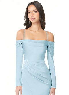 Azazie Hallie Bridesmaid Dresses Sky Blue Sheath Off-The-Shoulder Long Sleeve Stretch Satin Convertible Dress image2