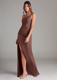 Azazie Eren Robes de demoiselle d'honneur Robe Fourreau en Mousseline de soie Ue épaule Expresso image5