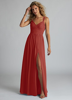 Azazie Aziza Bridesmaid Dresses Terracotta A-Line V-Neck Pleated Chiffon Dress image2
