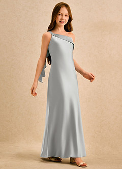Azazie Almond Girls Formal Robe Demoiselle D'honneur Fillette Robe Fourreau en Satin extensible Une épaule Argent image5