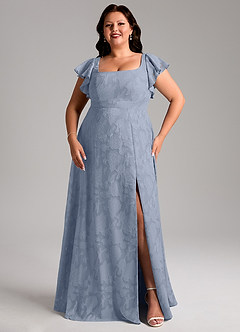 Azazie Bondi Bridesmaid Dresses Dusty Blue A-Line Side Slit Floral Burnout Dress image10