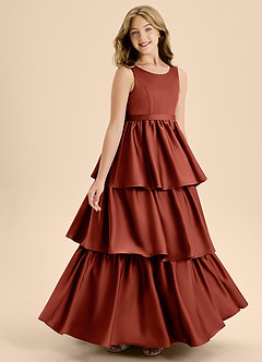 Azazie Meadowyn Junior Abito A-Line in Raso Elasticizzato Fiocco Terracotta image3