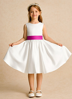 Azazie Sosie Flower Girl Dresses Ivory Fuchsia A-Line Pleated Matte Satin Dress image2