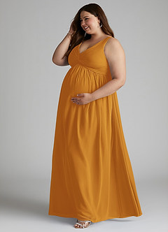 Azazie Yetta Maternity Bridesmaid Dresses A-Line V-Neck Gathered Chiffon Floor-Length Dress image10