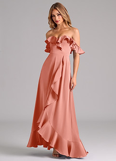 Azazie Lyra Bridesmaid Dresses Coral A-Line Off the Shoulder Stretch Satin Convertible Dress image4