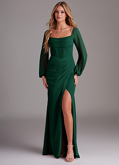Azazie Charissa Bridesmaid Dresses Emerald Sheath Long Sleeve Chiffon Dress image1