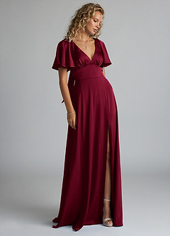 Azazie Kimber Bridesmaid Dresses Burgundy A-Line Ruched Stretch Satin Dress image4