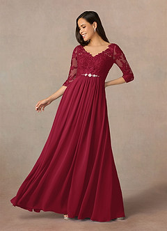 Azazie Hayek Mother of the Bride Dresses Burgundy A-Line V-Neck Lace Chiffon Dress image1