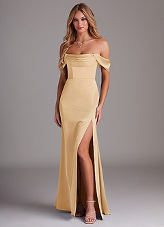 Azazie Saige Jurken voor bruidsmeisjes Jurk van Stretch Satijn met Kolom Off the Shoulder Goud image1