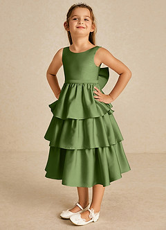 Azazie Margery Flower Girl Dresses Juniper A-Line Bow Stretch Satin Dress image3