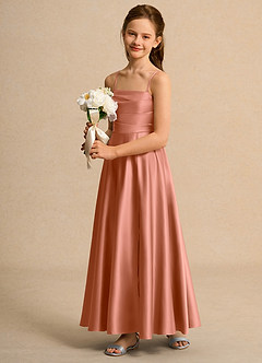 Azazie Pebbles Junior Formal Blumenmädchenkleider A-Linie Plissee Matte Satin Kleid Mai Tai image5