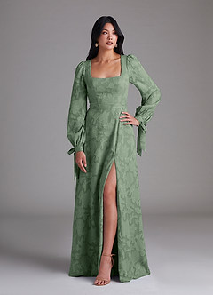 Azazie Leonia Brautjungfernkleider A-Linie Langarm Blumen-Burnout Kleid Matcha image1