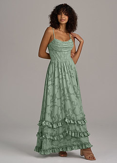 Azazie Lettie Robes de demoiselle d'honneur Robe Trapèze en Blumen-Burnout Corset Matcha image3