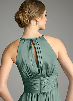 Azazie Bonnie Bridesmaid Dresses Eucalyptus A-Line Pleated Stretch Satin Dress image6