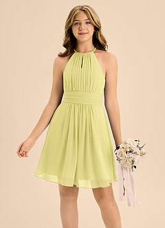 Azazie Bonnie Junior Lemon Sorbet A-Line Pleated Chiffon Dress image3
