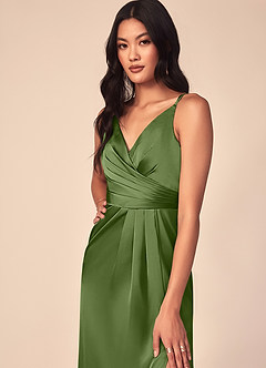 Azazie Aqua Bridesmaid Dresses Juniper A-Line V-Neck Pleated Stretch Satin Dress image6
