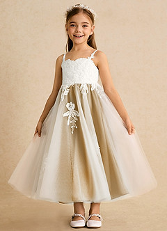 Azazie Coraline Blumenmädchenkleider A-Linie Spitze Kleid Elfenbein Butterscotch image4