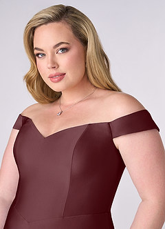 Barbie ♥ Azazie Robes de demoiselle d'honneur Robe Trapèze Convertible en Satin extensible Épaule décolletée Sangria image11
