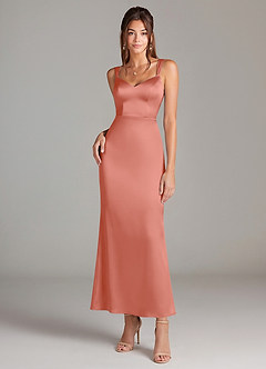 Azazie Denice Jurken voor bruidsmeisjes Jurk van Stretch Satijn met Kolom Geplooid Zalm Roze image3