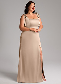 Azazie Frostine Bridesmaid Dresses Taupe A-Line Bow Stretch Satin Dress image11