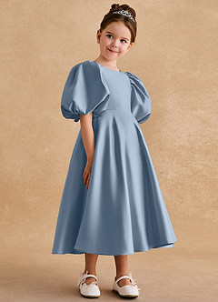 Azazie Sugarplum Flower Girl Dresses Dusty Blue A-Line with Sleeves Matte Satin Dress image6