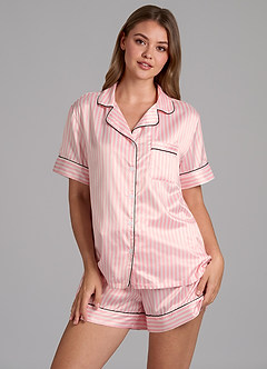 Satin Striped Piping Short Sleeve Pajama Set