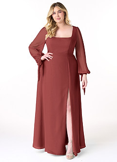 Azazie Leonia Abiti da Damigella Abito A-Line in Chiffon Maniche Lunghe Terracotta image1