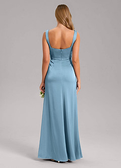 Azazie Frostine Bridesmaid Dresses Steel Blue A-Line Bow Stretch Satin Dress image2