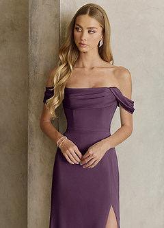 Azazie Saige Bridesmaid Dresses Plum Sheath Off the Shoulder Stretch Satin Dress image2
